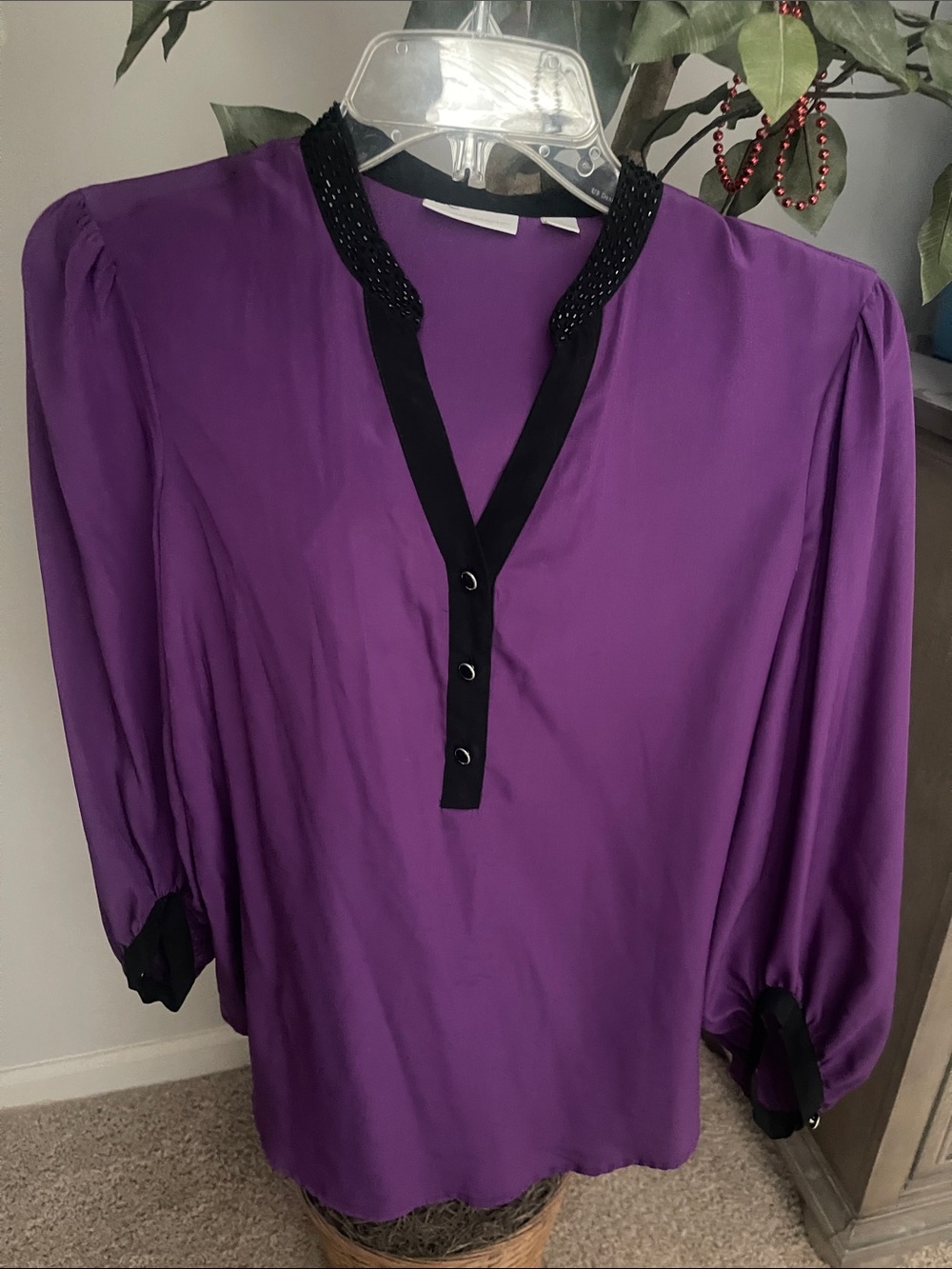 New York & Company Purple Blouse with Black Beaded Collar